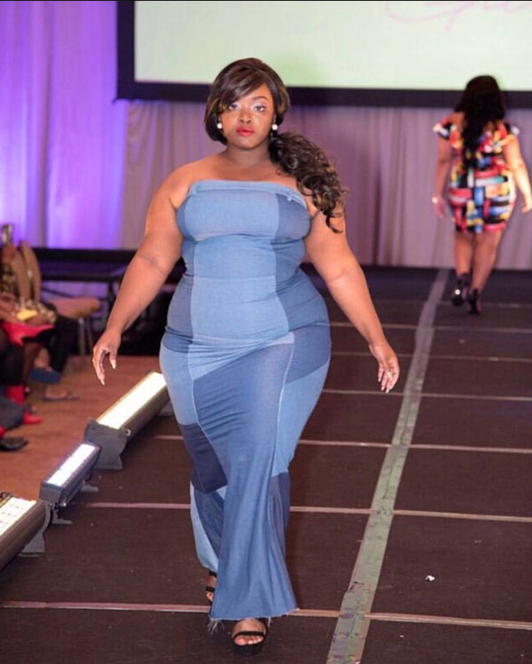 Denim Patch Strapless Dress